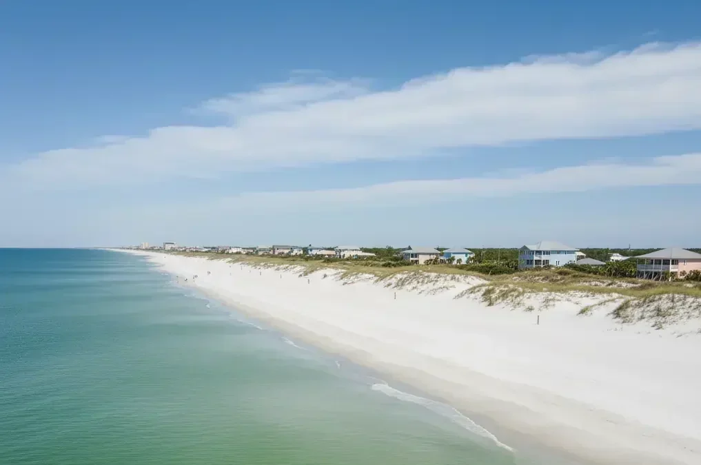 Wide aerial view of Inlet Beach on Florida’s Emerald Coast with calm green water, sugar-white sand, and a row of beachfront homes along the dunes.