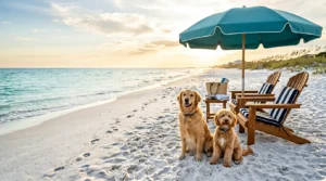 Two golden-colored dogs sit on soft white sand beside wooden beach chairs with striped cushions and a teal umbrella, overlooking gentle waves at sunset on a quiet beach.